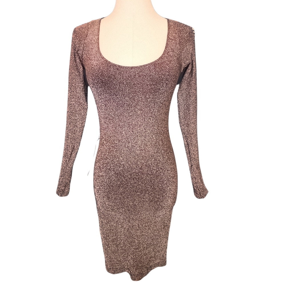 Bebe Silver Metallic Long Sleeve Bodycon Dress
